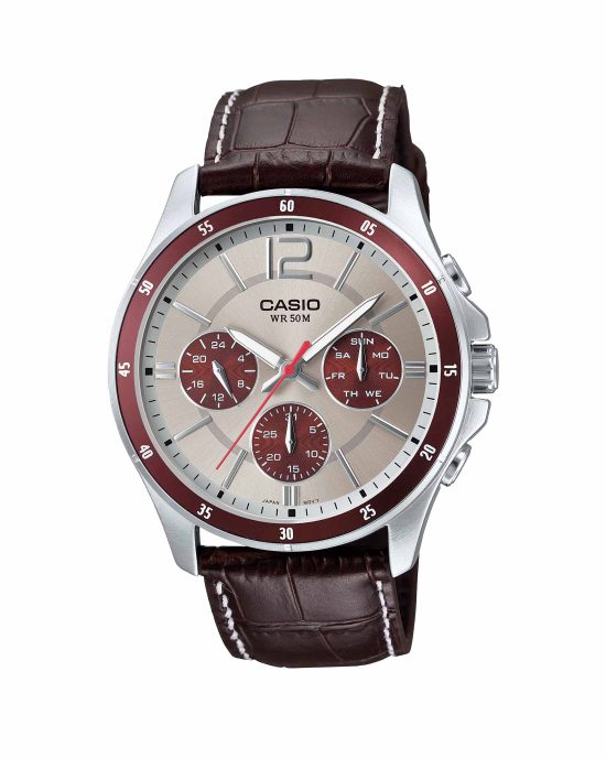 ساعت مچی مردانه کاسیو بند چرم قهوه ای CASIO MTP-1374L-7A1V