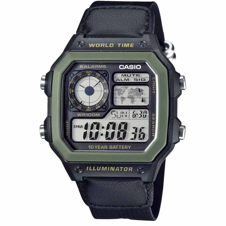 ساعت مچی مردانه کاسیو جهان نما با بند برزنتی CASIO AE-1200WHB-1BV