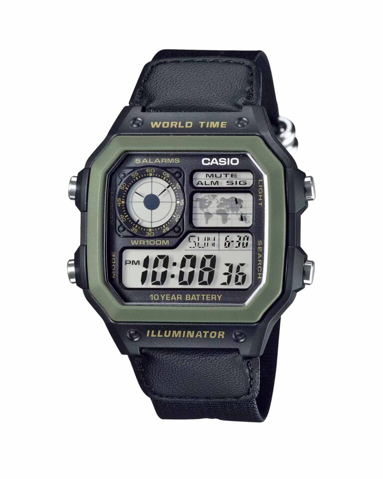 ساعت مچی مردانه کاسیو جهان نما با بند برزنتی CASIO AE-1200WHB-1BV