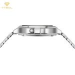 نمای بغل ساعت مردانه کاسیو با بند فلزی و قاب باریک نقرهای رنگ