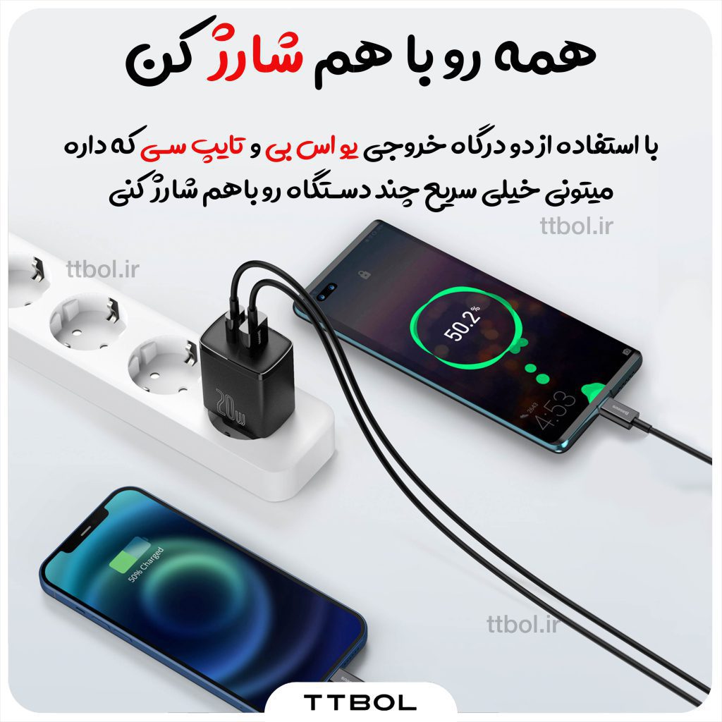 اداپتور فست شارژ 20 واتی بیسوس Baseus Compact Quick Charger U+C 20W EU CCXJ-B01