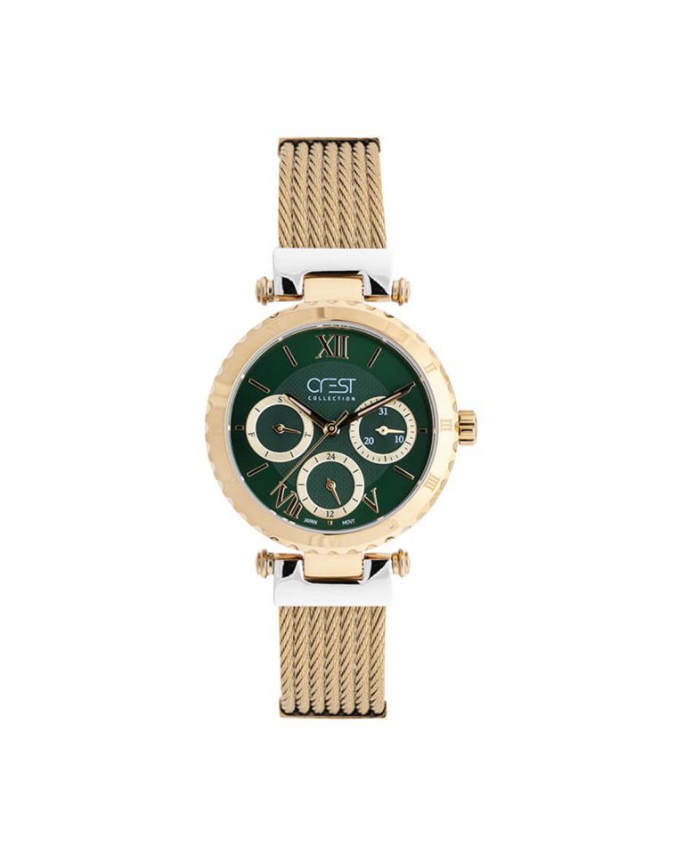 ساعت مچی زنانه کرست سه موتوره طلایی صفحه سبز CREST 6199/4