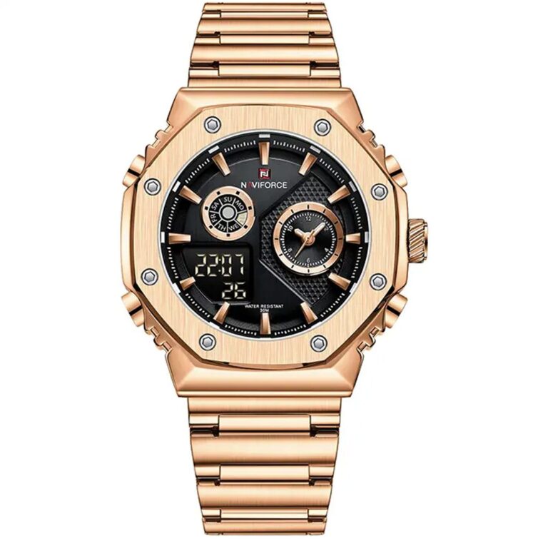 بند استیل با رنگ رزگلد مشکی دو زمانه دیجیتالی و عقربه ای