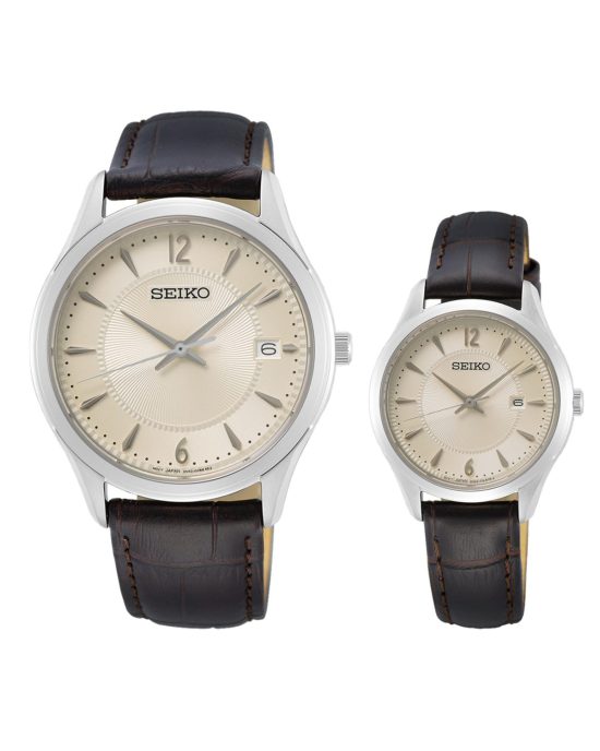 ساعت مچی ست مردانه و زنانه سیکو بند چرم SEIKO SUR427P1 SUR421P1
