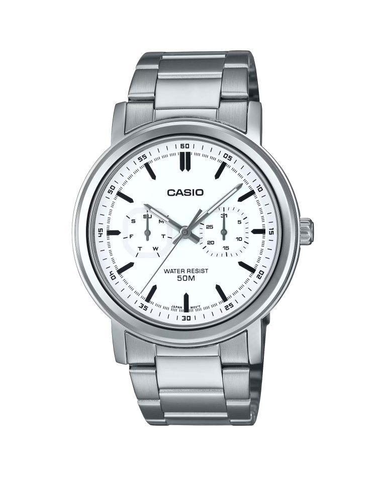 ساعت مچی مردانه کاسیو فول دیت صفحه سفید CASIO MTP-E335D-7EV