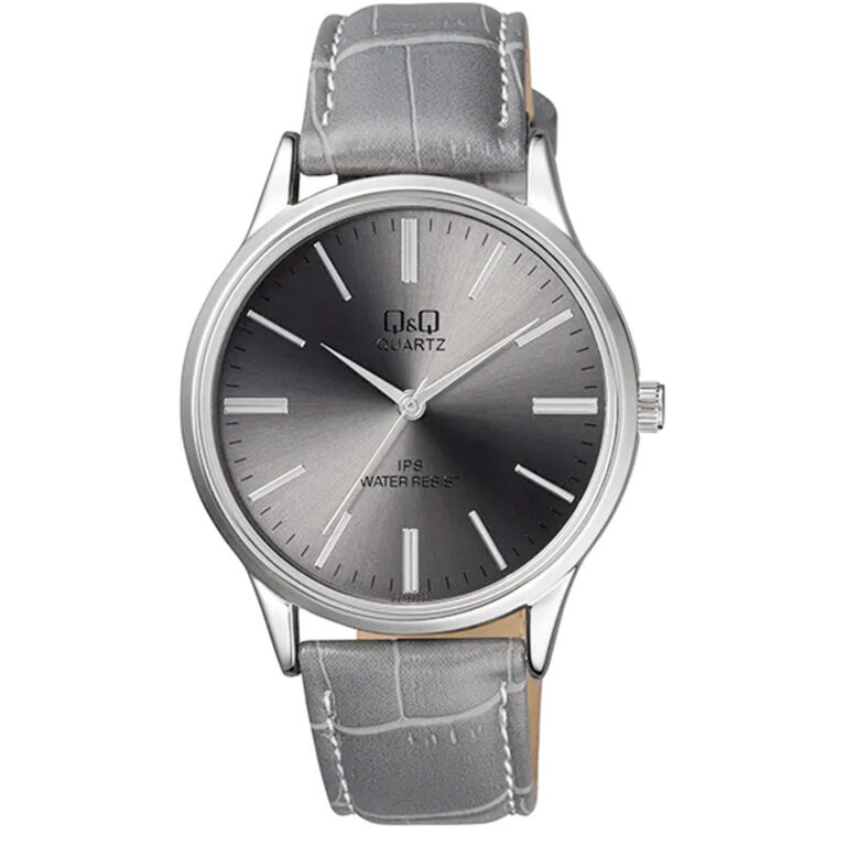ساعت مچی مردانه کیو اند کیو بند چرم طوسی Q&Q C214J322Y