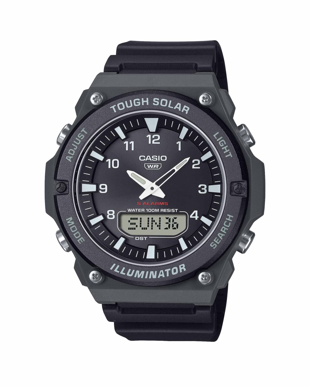 ساعت مچی مردانه کاسیو CASIO AQ-S820W-1AV با طراحی اسپرت، نمایشگر آنالوگ و دیجیتال، شارژ خورشیدی و بند رزین مشکی
