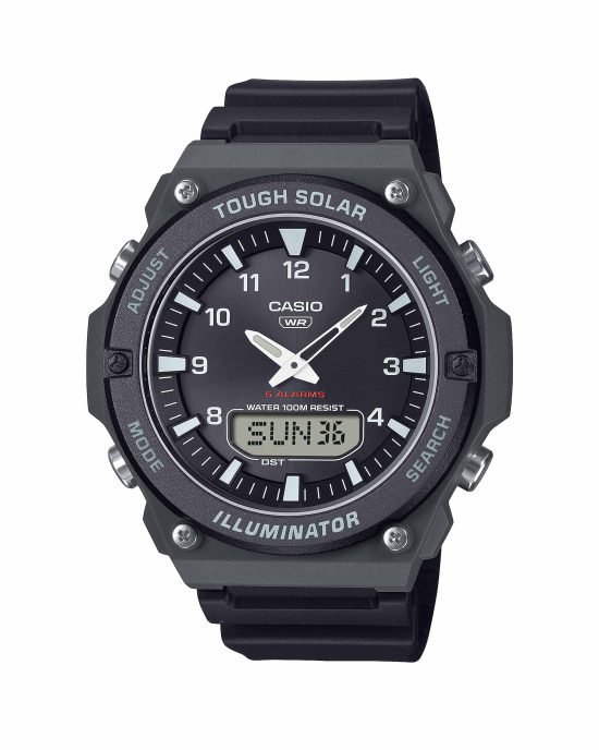 ساعت مچی مردانه کاسیو CASIO AQ-S820W-1AV با طراحی اسپرت، نمایشگر آنالوگ و دیجیتال، شارژ خورشیدی و بند رزین مشکی