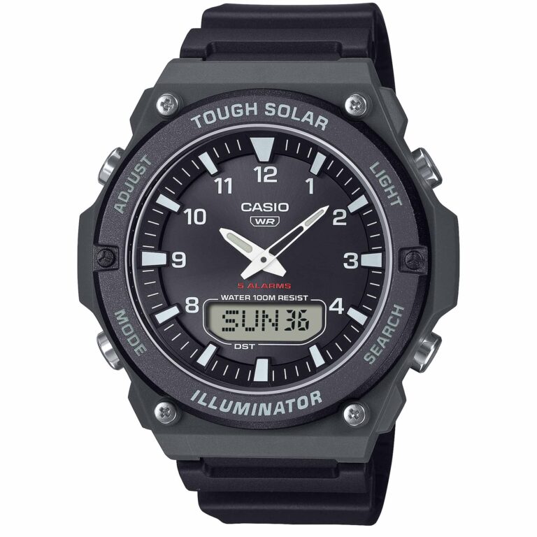 ساعت مچی مردانه کاسیو CASIO AQ-S820W-1AV با طراحی اسپرت، نمایشگر آنالوگ و دیجیتال، شارژ خورشیدی و بند رزین مشکی