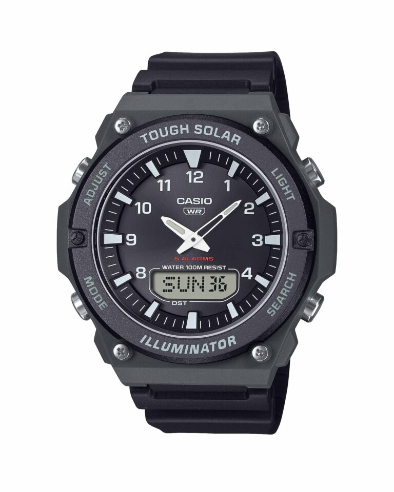 ساعت مچی مردانه کاسیو CASIO AQ-S820W-1AV با طراحی اسپرت، نمایشگر آنالوگ و دیجیتال، شارژ خورشیدی و بند رزین مشکی