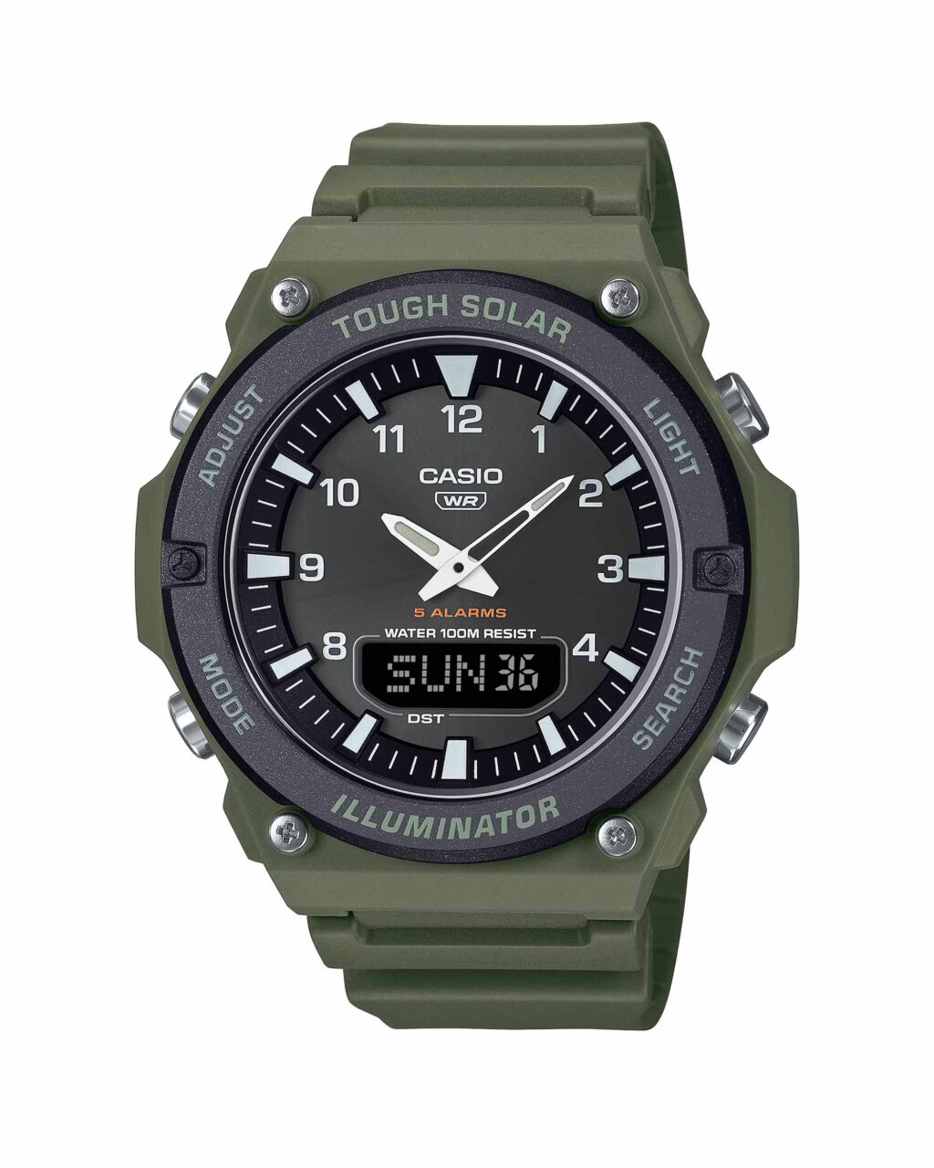 ساعت مچی مردانه کاسیو مدل CASIO AQ-S820W-3BV با طراحی اسپرت، بند سبز ارتشی، شارژ خورشیدی و نمایشگر ترکیبی آنالوگ و دیجیتال