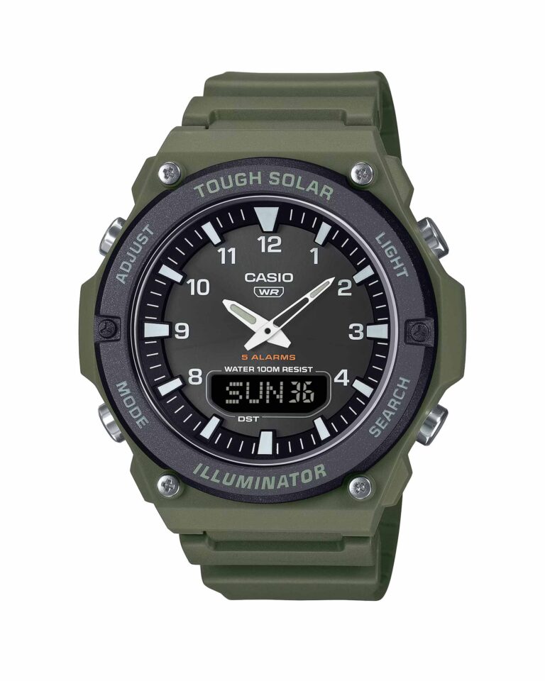 ساعت مچی مردانه کاسیو مدل CASIO AQ-S820W-3BV با طراحی اسپرت، بند سبز ارتشی، شارژ خورشیدی و نمایشگر ترکیبی آنالوگ و دیجیتال