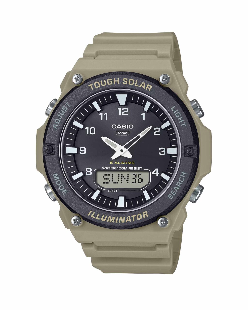 ساعت مچی مردانه کاسیو مدل CASIO AQ-S820W-5AV با بند رزینی قهوه‌ای، نمایشگر آنالوگ و دیجیتال و فناوری شارژ خورشیدی