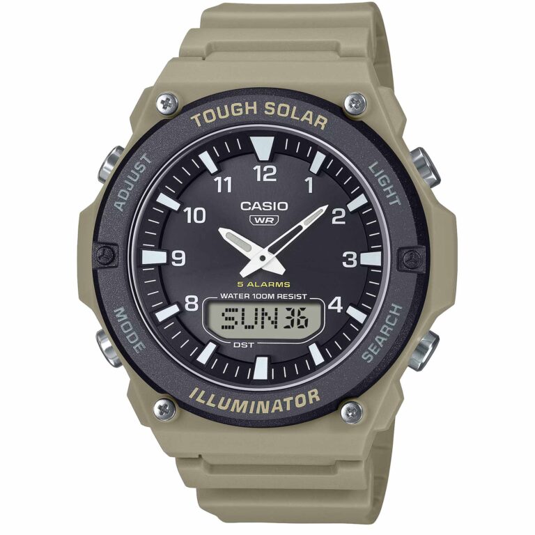 ساعت مچی مردانه کاسیو مدل CASIO AQ-S820W-5AV با بند رزینی قهوه‌ای، نمایشگر آنالوگ و دیجیتال و فناوری شارژ خورشیدی