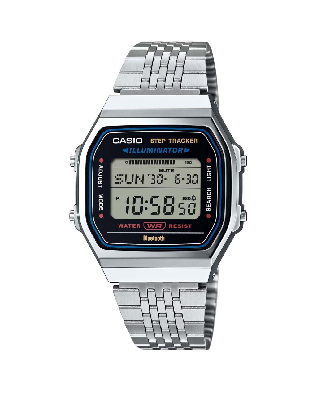 نمای روبرو ساعت مچی کاسیو CASIO ABL-100WE-1A با صفحه دیجیتال سفید