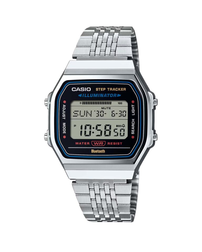 نمای روبرو ساعت مچی کاسیو CASIO ABL-100WE-1A با صفحه دیجیتال سفید