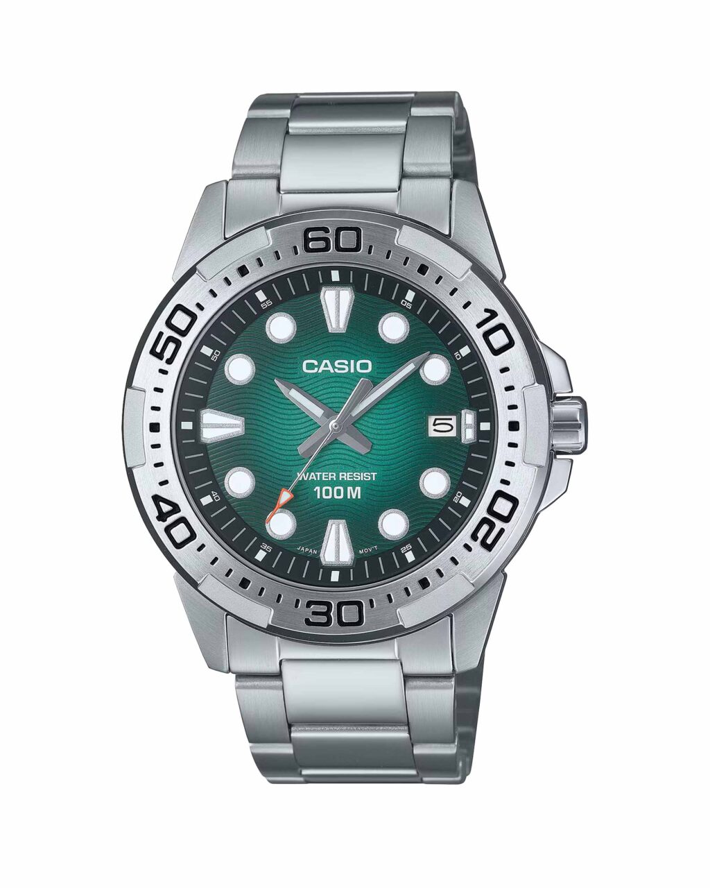 ساعت مچی مردانه کاسیو مدل CASIO MTD-140D-3AV با طراحی استیل ضدزنگ و صفحه سبز رنگ خاص، ضدآب تا عمق 200 متر، مناسب برای استایل روزمره و ورزشی.