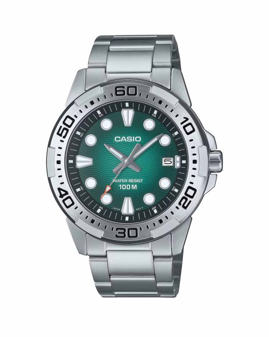 ساعت مچی مردانه کاسیو مدل CASIO MTD-140D-3AV با طراحی استیل ضدزنگ و صفحه سبز رنگ خاص، ضدآب تا عمق 200 متر، مناسب برای استایل روزمره و ورزشی.