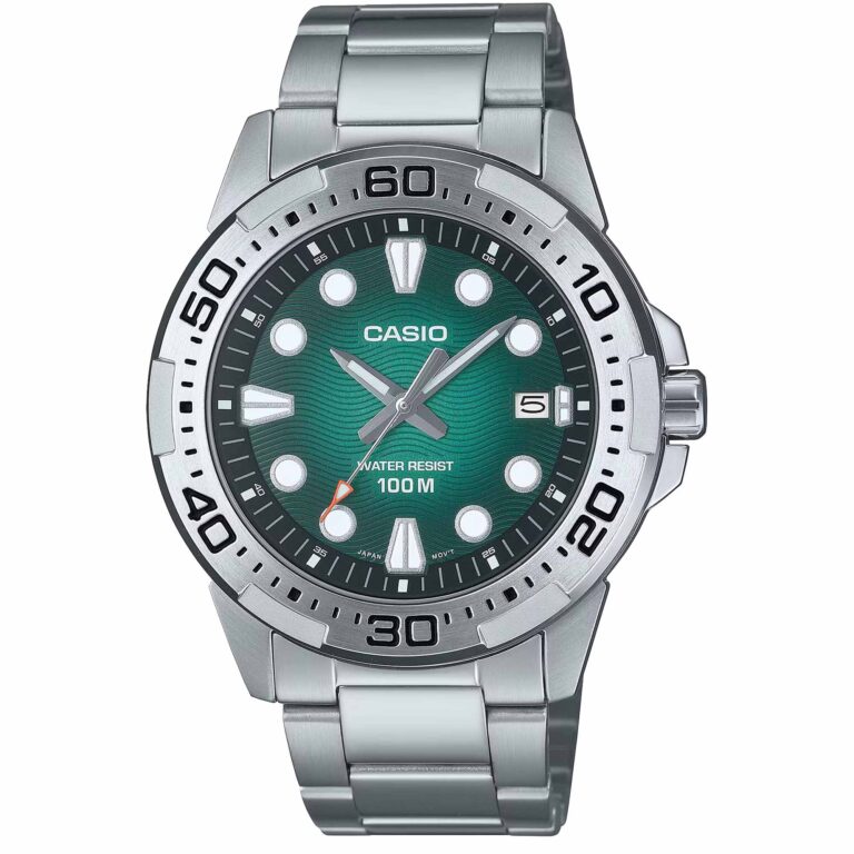 ساعت مچی مردانه کاسیو مدل CASIO MTD-140D-3AV با طراحی استیل ضدزنگ و صفحه سبز رنگ خاص، ضدآب تا عمق 200 متر، مناسب برای استایل روزمره و ورزشی.