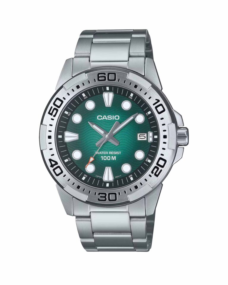 ساعت مچی مردانه کاسیو مدل CASIO MTD-140D-3AV با طراحی استیل ضدزنگ و صفحه سبز رنگ خاص، ضدآب تا عمق 200 متر، مناسب برای استایل روزمره و ورزشی.