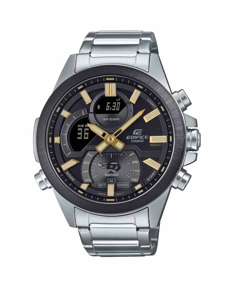 ساعت مچی مردانه کاسیو ادیفیس CASIO EDIFICE ECB-30DB-1A9 با صفحه مشکی و جزئیات طلایی، مناسب استایل اسپرت مردانه