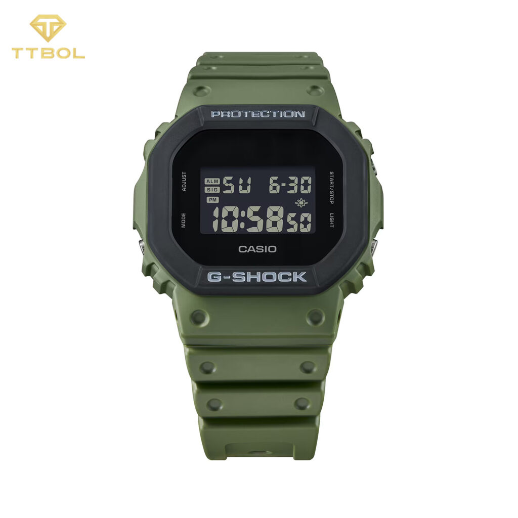 نمای نزدیک از ساعت G-SHOCK DW-5610UU-3 اصل با بند رزینی و قاب مقاوم ضد ضربه