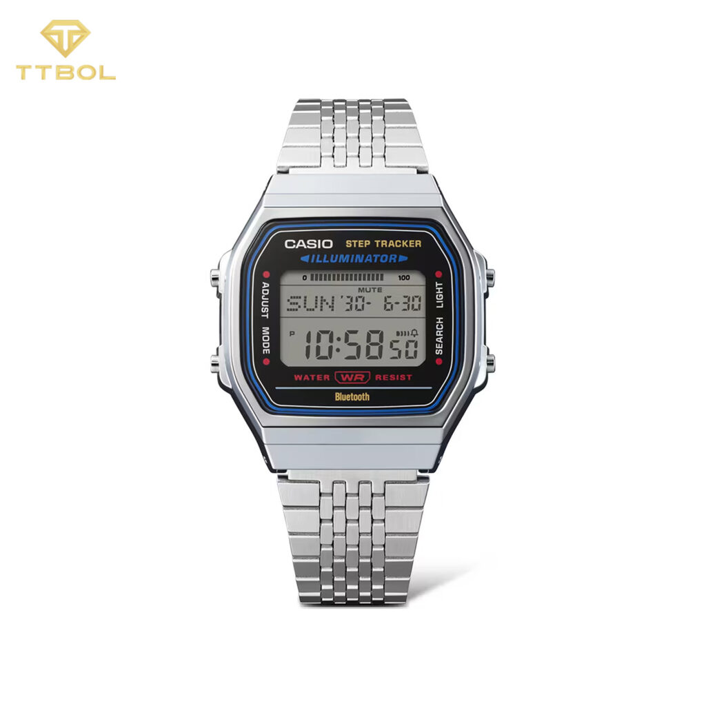 نمای بسته از صفحه دیجیتال و دکمه‌های کناری ساعت CASIO ABL-100WE-1A