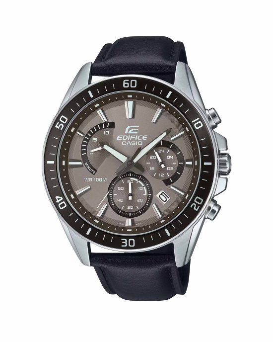 ساعت مچی مردانه کاسیو ادیفایس مدل EFR-552L-5AV با بند چرمی مشکی و صفحه خاکستری، طراحی اسپرت و کژوال