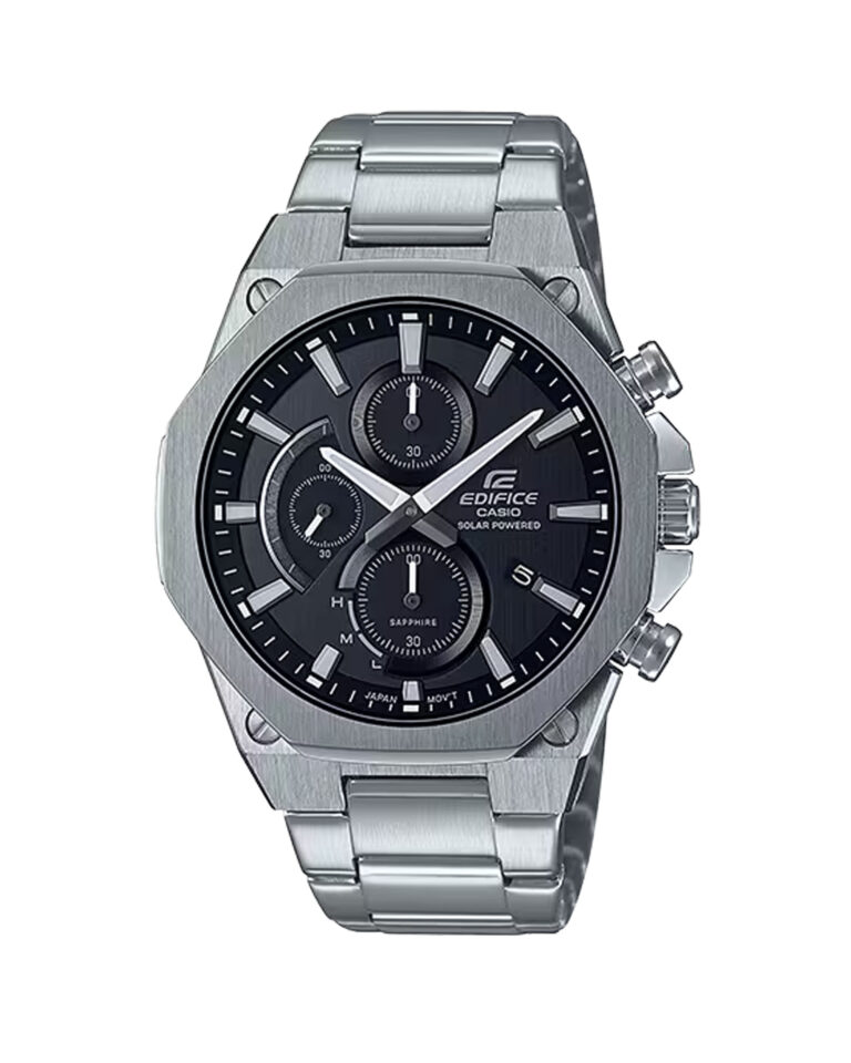 ساعت مچی مردانه کاسیو ادیفایس EFS-S570D-1A با بند استیل نقره‌ای و صفحه مشکی، طراحی باریک و شارژ خورشیدی