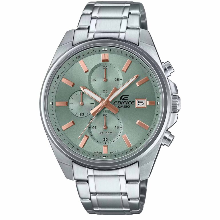 1. ساعت مچی مردانه کاسیو ادیفایس CASIO EDIFICE EFV-610DE-3A با بند استیل و صفحه سبز مغر پسته ای