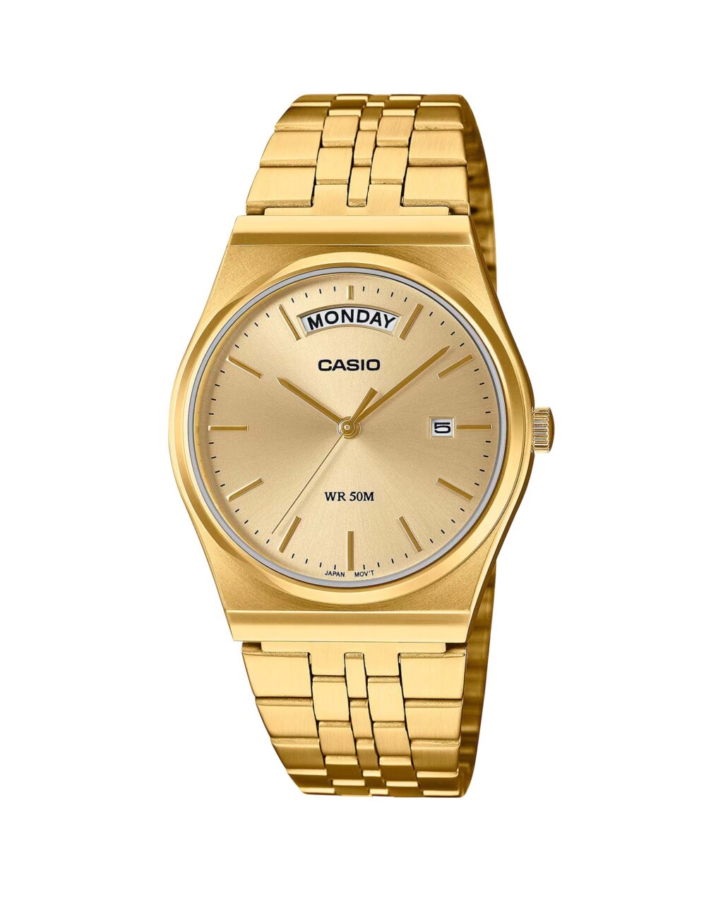 ساعت مچی مردانه کاسیو مدل CASIO MTP-B146G-9AV با بدنه و بند استیل طلایی رنگ، صفحه آنالوگ کلاسیک و طراحی رسمی، مناسب برای استایل‌های شیک مردانه