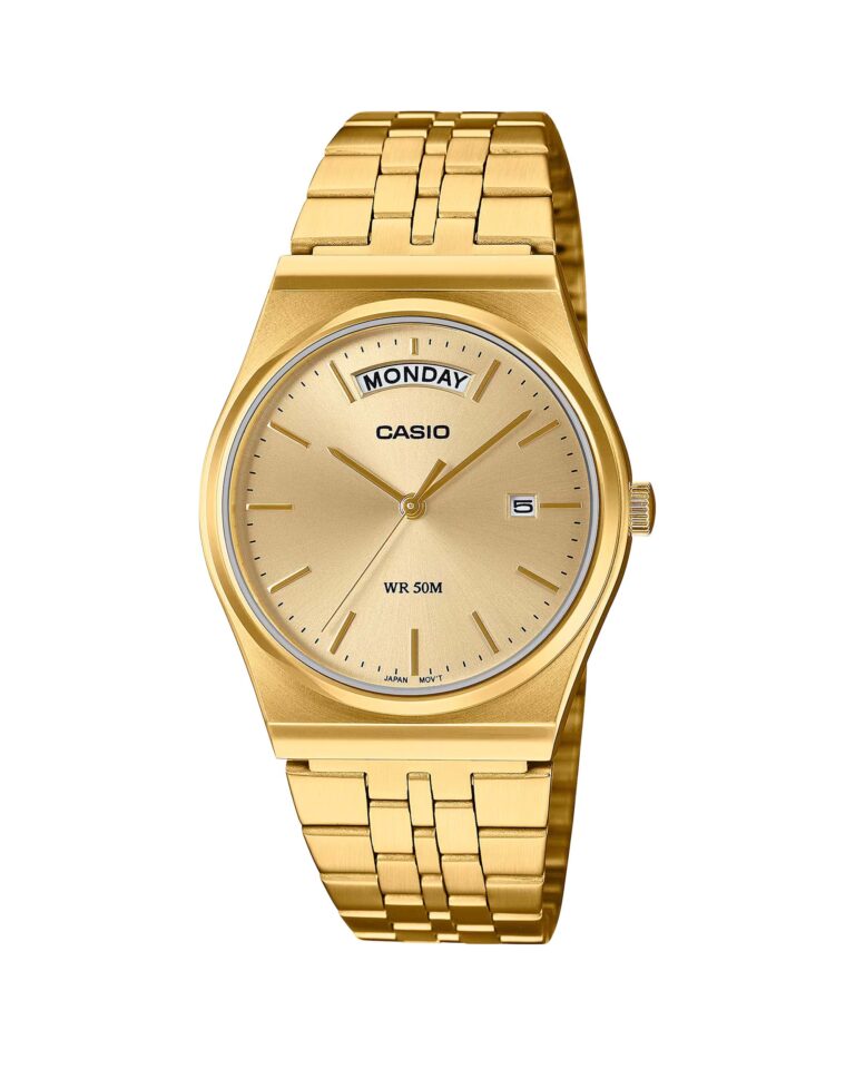 ساعت مچی مردانه کاسیو مدل CASIO MTP-B146G-9AV با بدنه و بند استیل طلایی رنگ، صفحه آنالوگ کلاسیک و طراحی رسمی، مناسب برای استایلهای شیک مردانه