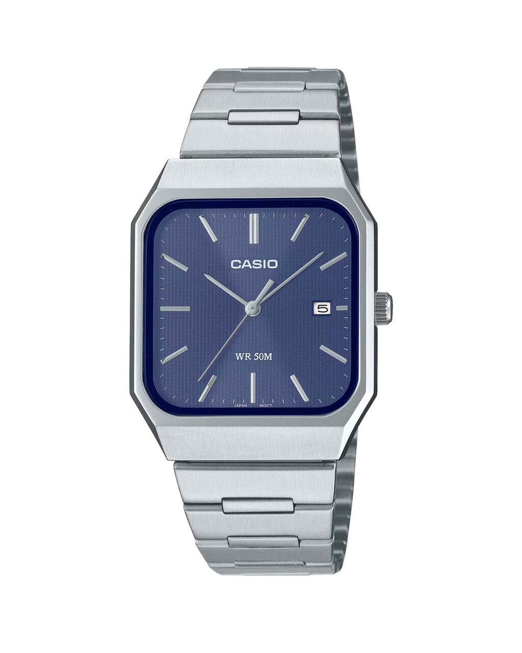 ساعت مچی مردانه کاسیو مدل CASIO MTP-B185D-2A2V با صفحه مستطیلی آبی تیره و بند استیل نقره‌ای، مناسب استایل رسمی و روزمره