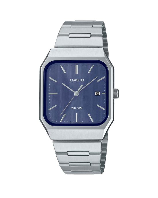 ساعت مچی مردانه کاسیو مدل CASIO MTP-B185D-2A2V با صفحه مستطیلی آبی تیره و بند استیل نقره‌ای، مناسب استایل رسمی و روزمره