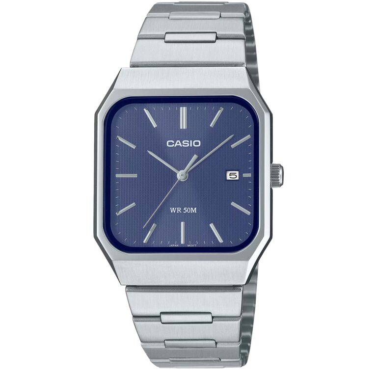 ساعت مچی مردانه کاسیو مدل CASIO MTP-B185D-2A2V با صفحه مستطیلی آبی تیره و بند استیل نقره‌ای، مناسب استایل رسمی و روزمره