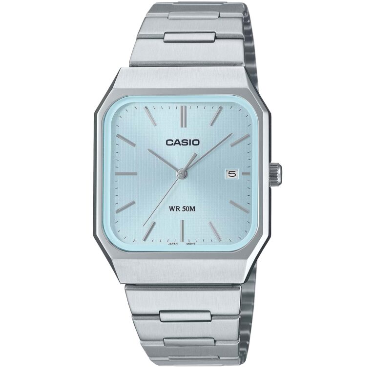 ساعت مچی مردانه کاسیو مدل CASIO MTP-B185D-2A2V با صفحه آبی تیفانی و بند استیل نقره‌ای، مناسب استایل رسمی و روزمره
