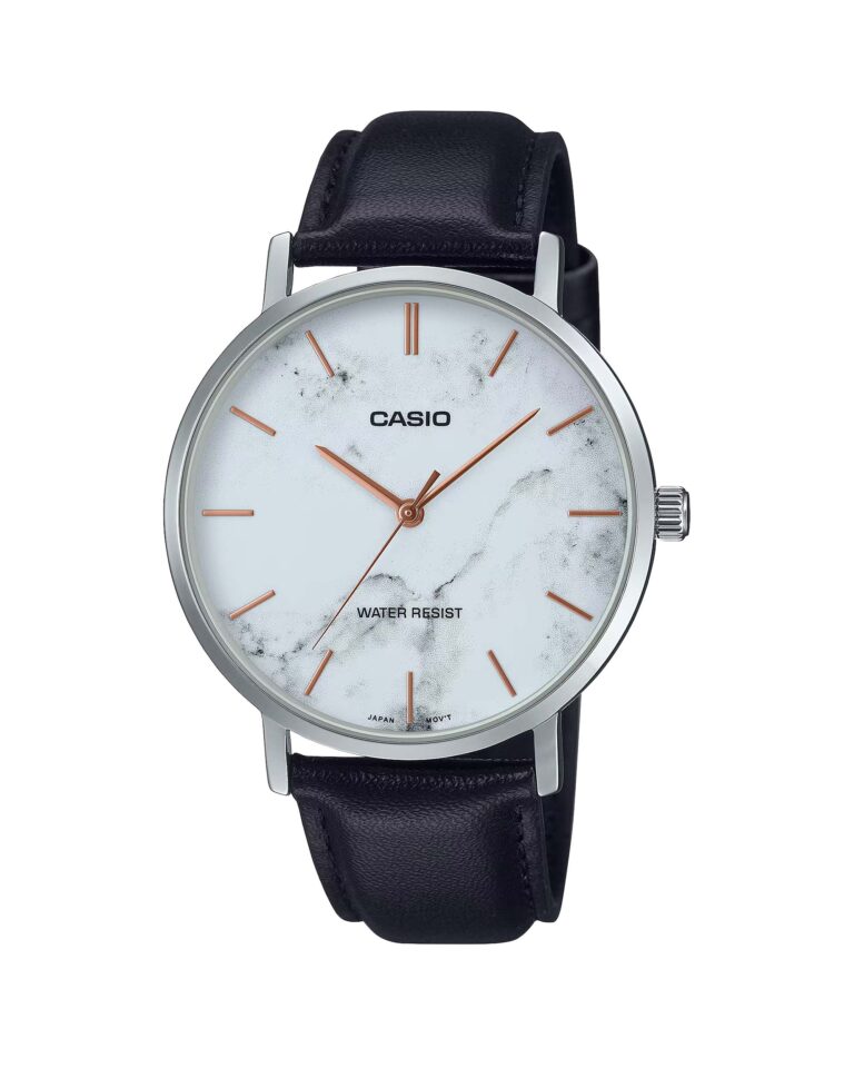 ساعت مچی مردانه کاسیو مدل CASIO MTP-VT01LM-7A با بند چرمی مشکی، صفحه سفید ساده و طراحی کلاسیک، مناسب برای استایل رسمی و روزمره