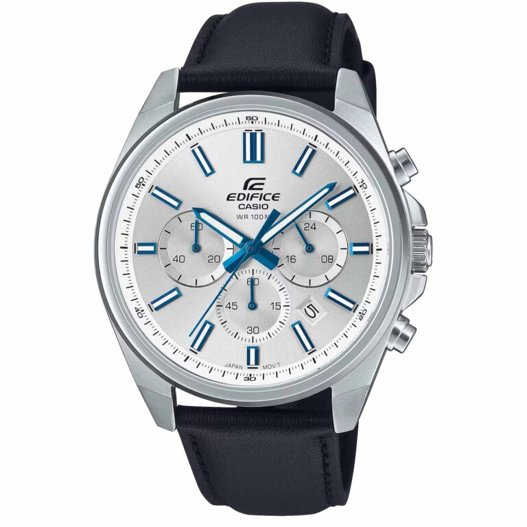 ساعت کاسیو ادیفایس مردانه مدل CASIO EDIFICE EFV-650L-7AV با بند چرمی و صفحه سفید