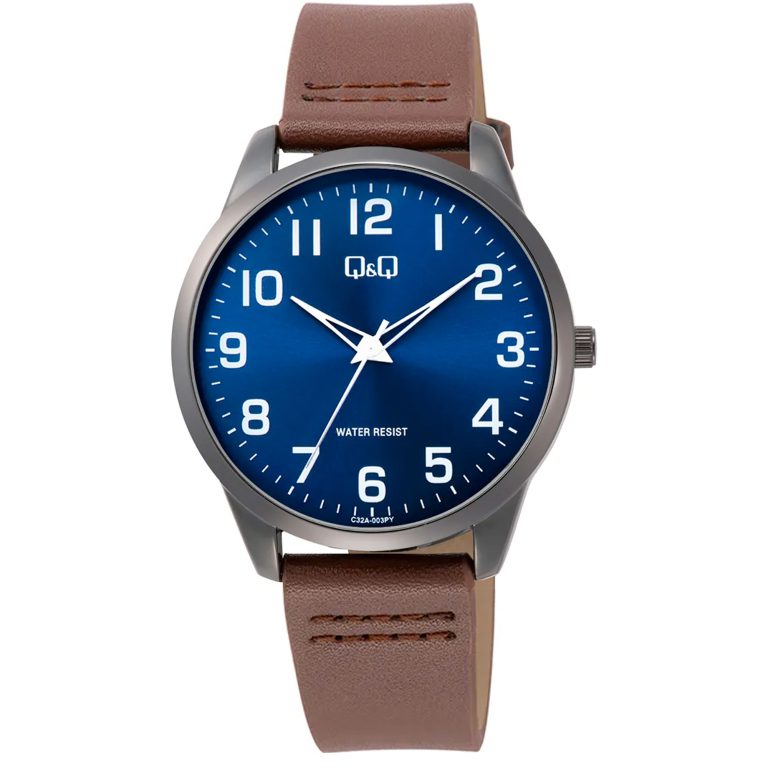 ساعت مچی مردانه کیو اند کیو بند چرم قهوه ای صفحه سرمه ای Q&Q C32A-003PY