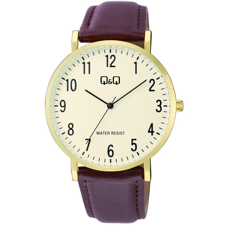 ساعت مچی مردانه کیو اند کیو بند چرم صفحه طلایی Q&Q C43A-004PY
