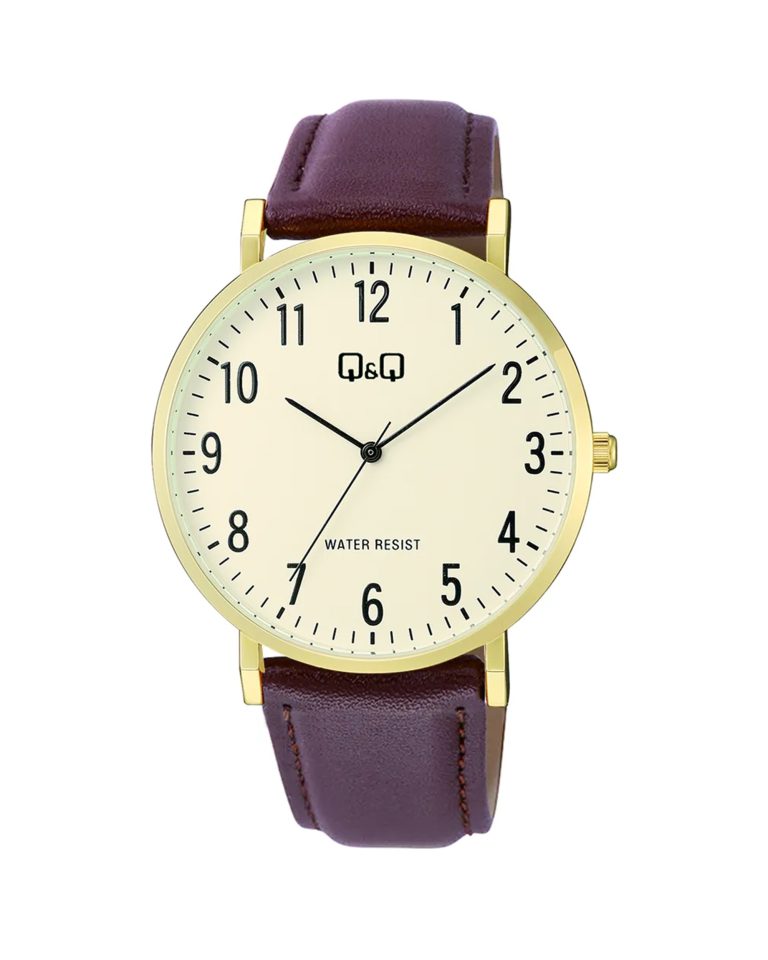 ساعت مچی مردانه کیو اند کیو بند چرم صفحه طلایی Q&Q C43A-004PY