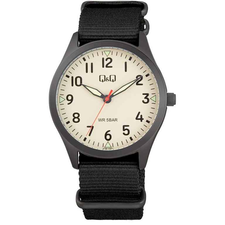 ساعت مچی مردانه کیو اند کیو بند نیتو مشکی با صفحه کرم Q&Q Q76B-008PY