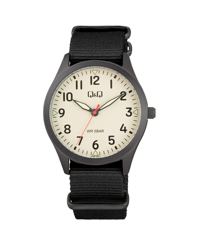 ساعت مچی مردانه کیو اند کیو بند نیتو مشکی با صفحه کرم Q&Q Q76B-008PY