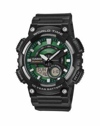 ساعت مچی مردانه کاسیو مدل AEQ-110W-3A2V آنالوگ دیجیتال با صفحه نقشه جهان و جزئیات سبز