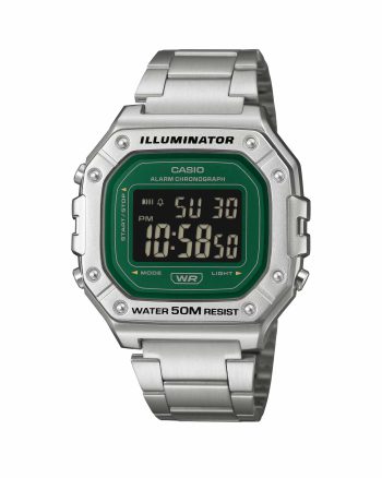 ساعت مچی کاسیو مدل W-218HD-3AV دیجیتال مربعی با بند استیل و صفحه سبز