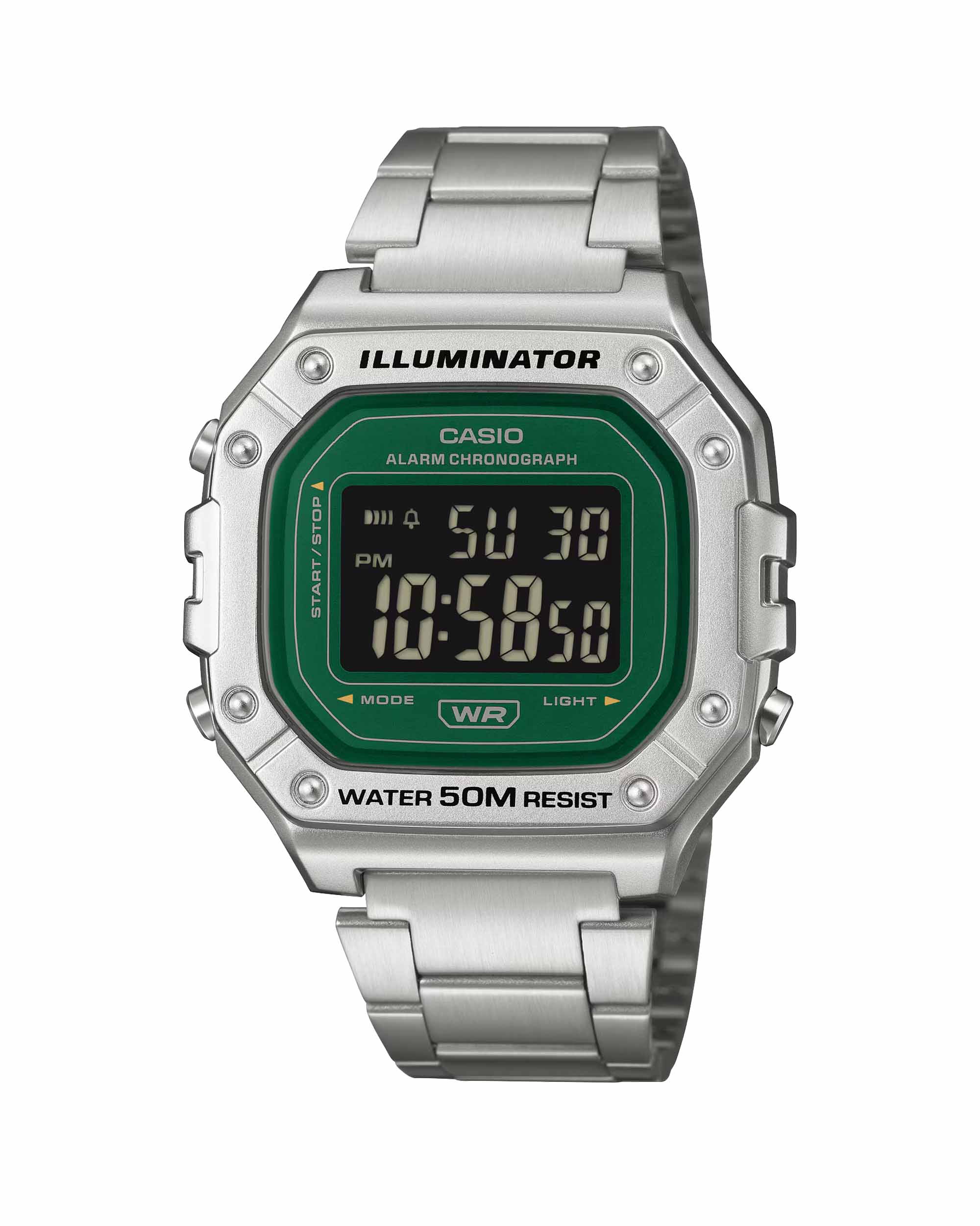 W-218HD-3AV ساعت مچی کاسیو مدل W-218HD-3AV دیجیتال مربعی با بند استیل و صفحه سبز