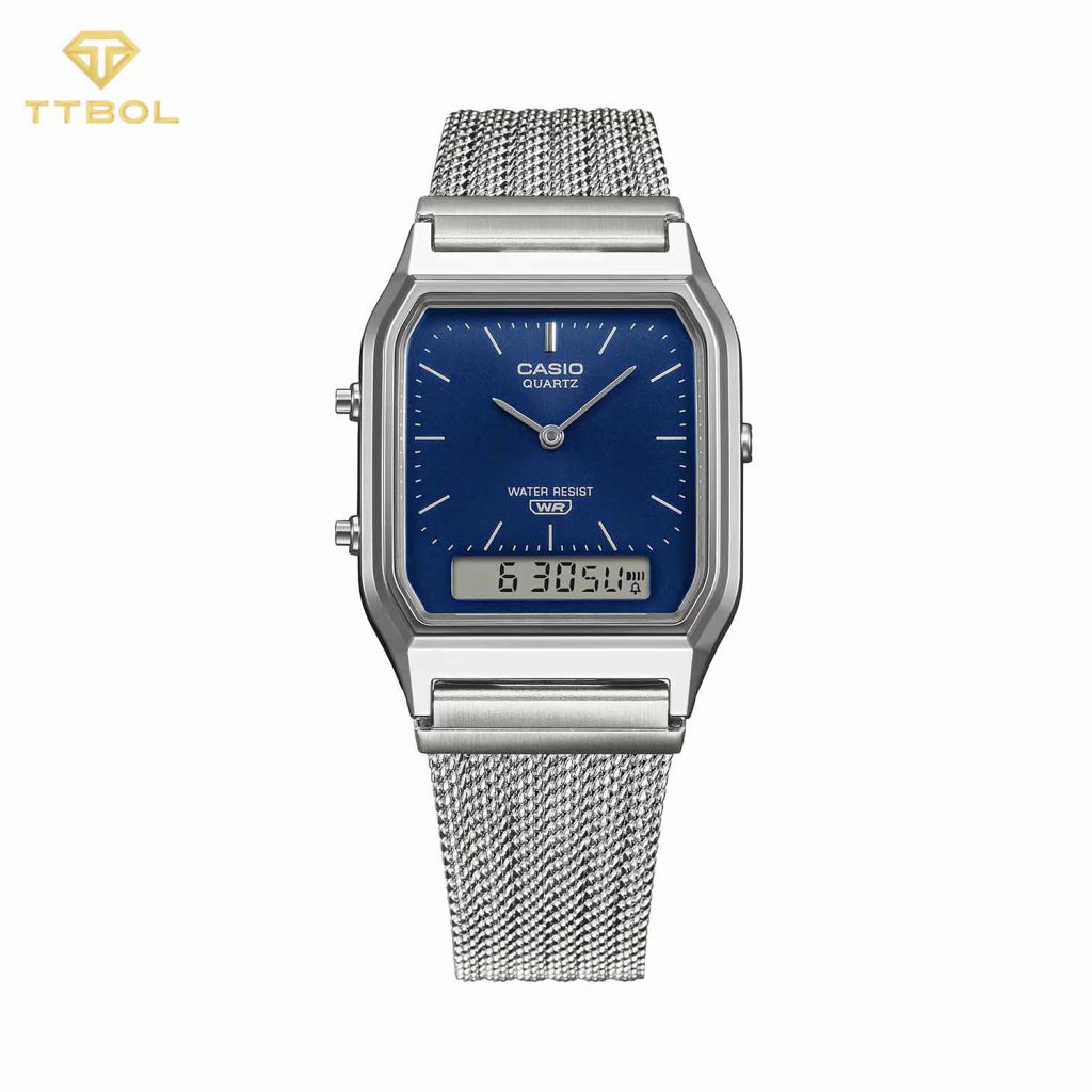 جزئیات صفحه آبی و نمایشگر دیجیتال ساعت مردانه کاسیو CASIO AQ-230EM-2A