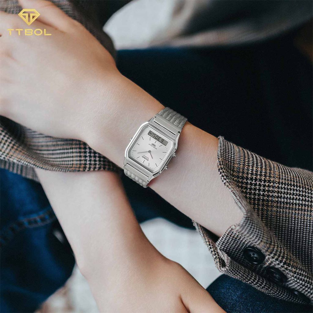 ساعت مچی مردانه کاسیو CASIO AQ-230EM-7A با صفحه نقره‌ای و نمایشگر آنالوگ دیجیتال