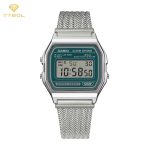 نمای روبروی ساعت مچی مردانه کاسیو CASIO A158WEM-3 با صفحه دیجیتال سبز و طراحی کلاسیک.