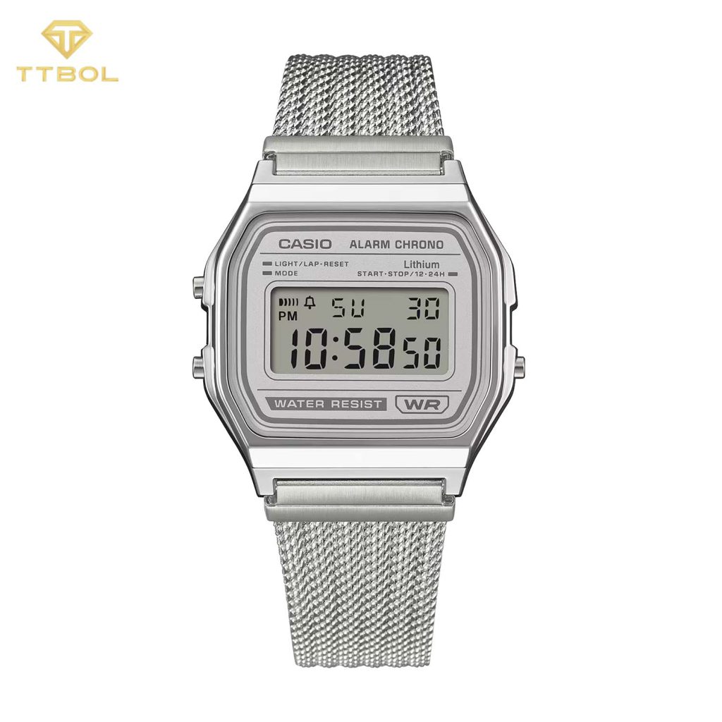 ساعت مچی مردانه کاسیو CASIO A158WEM-7 با بند استیل نقره‌ای و صفحه دیجیتال